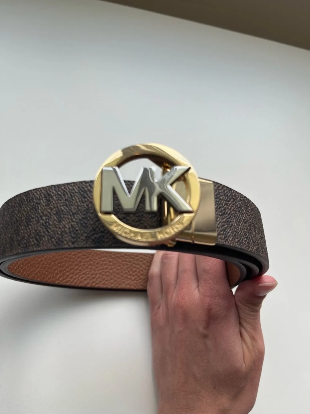 Michael Kors Reversible MK Logo Belt Brown Monogram Gold Buckle 43.5”